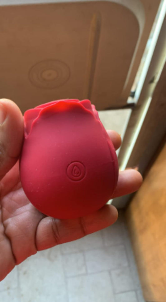 Red rose toy held in a hand, power button facing the camera